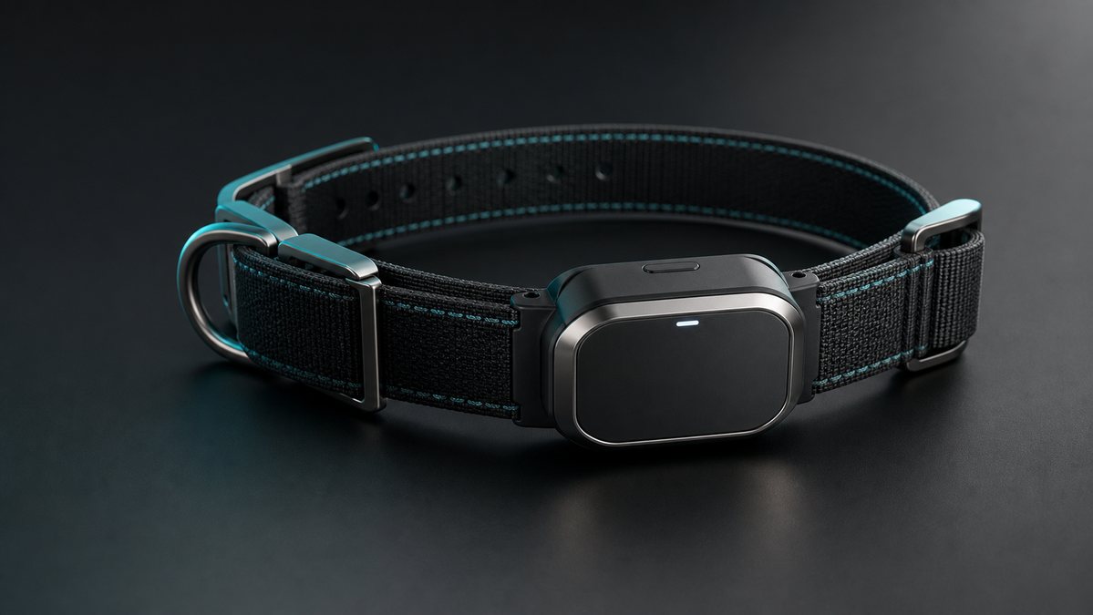 PawRelay high-tech smart dog collar with GPS tracking module, black woven strap, titanium hardware, and teal stitching